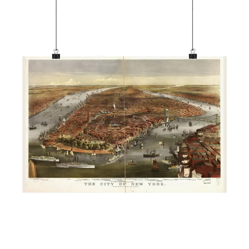 New York Map Print | Vintage New York Map 1870 | New York Wall Art | Antique Bird's-Eye View City Map Matte Poster