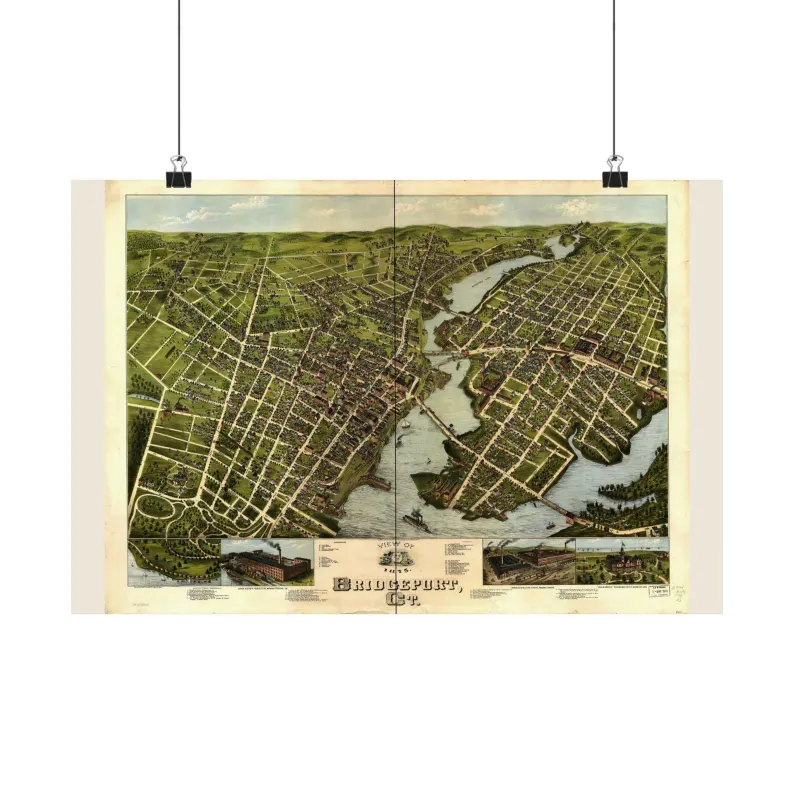 Bridgeport Map Print | Vintage Bridgeport Map 1875 | Connecticut Wall Art | Antique Bird's-Eye View City Map Matte Poster