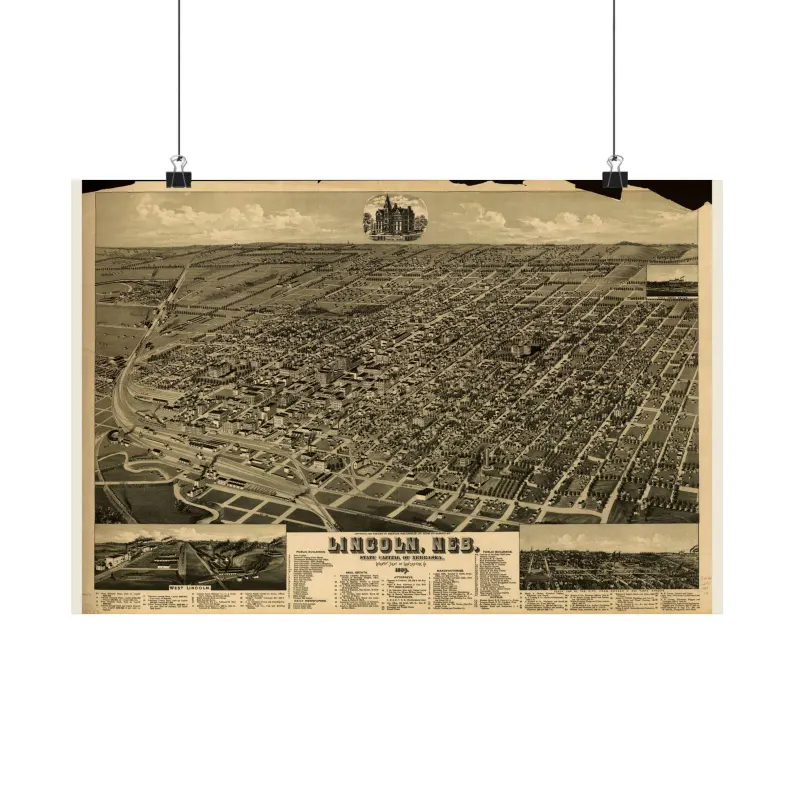 Lincoln Map Print | Vintage Lincoln Map 1889 | Nebraska Wall Art | Antique Bird's-Eye View City Map Matte Poster