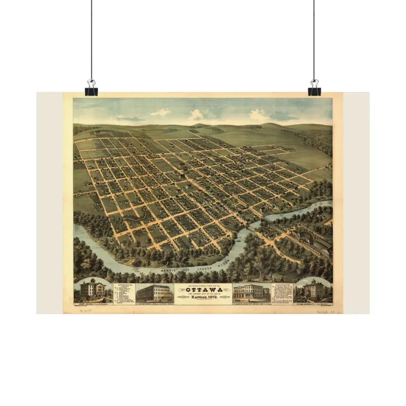 Ottawa Map Print | Vintage Ottawa Map 1872 | Kansas Wall Art | Antique Bird's-Eye View City Map Matte Poster