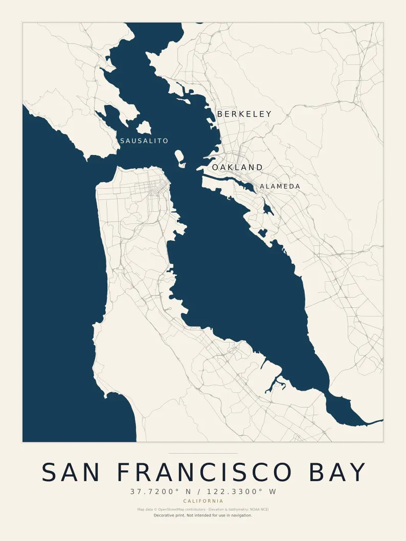 San Francisco Bay Street Map Print | Modern Street Map of San Francisco Bay California | Street Map Wall Art | Digital Download