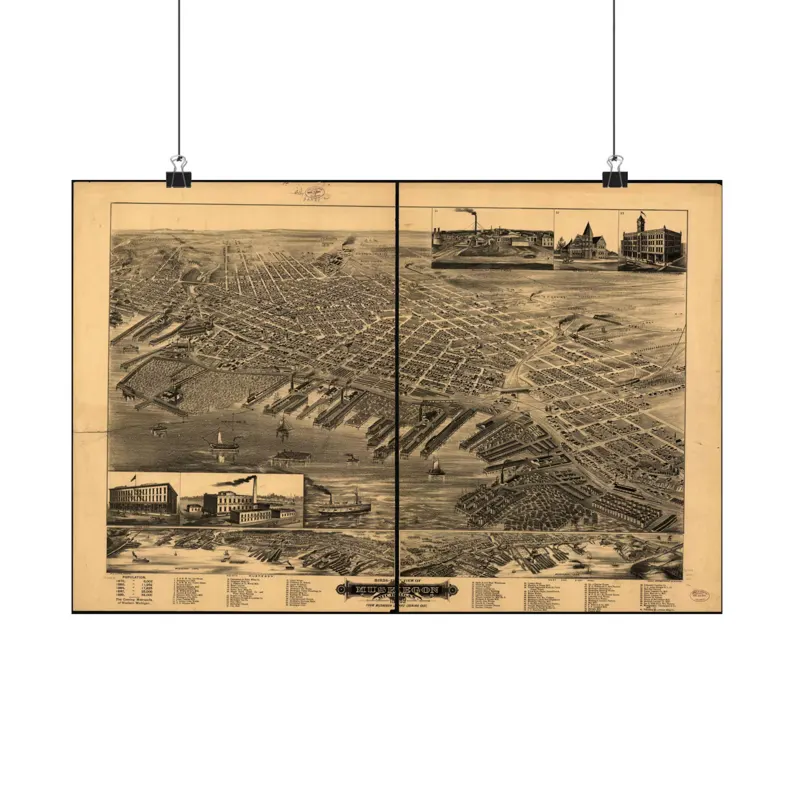 Muskegon Map Print | Vintage Muskegon Map 1889 | Michigan Wall Art | Antique Bird's-Eye View City Map Matte Poster
