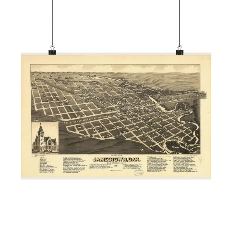 Jamestown Map Print | Vintage Jamestown Map 1883 | North Dakota Wall Art | Antique Bird's-Eye View City Map Matte Poster