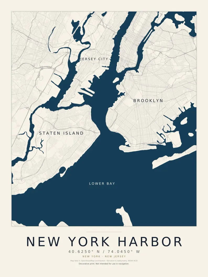 New York Harbor Street Map Print | Modern Street Map of New York Harbor | Street Map Wall Art | Digital Download