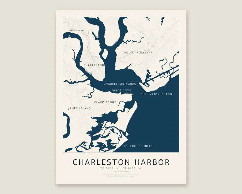 Charleston Harbor Street Map Print | Modern Street Map of Charleston Harbor South Carolina | Street Map Wall Art | Digital Download
