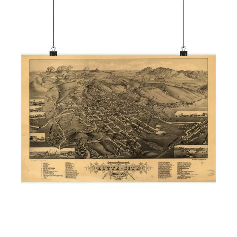 Butte Map Print | Vintage Butte Map 1884 | Montana Wall Art | Antique Bird's-Eye View City Map Matte Poster