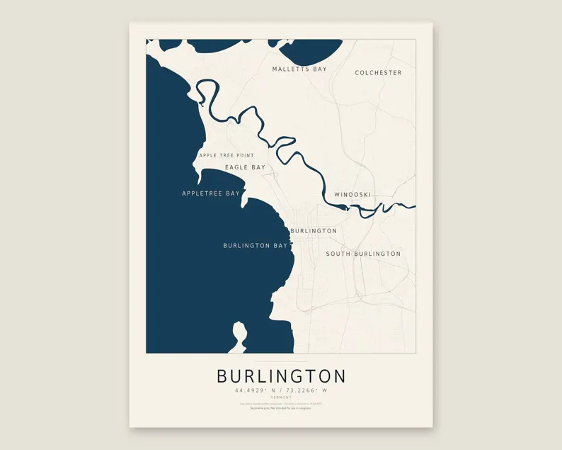Burlington Street Map Print | Modern Street Map of Burlington Vermont | Street Map Wall Art | Digital Download