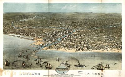 Restored 1868 bird's-eye lithograph of Chicago