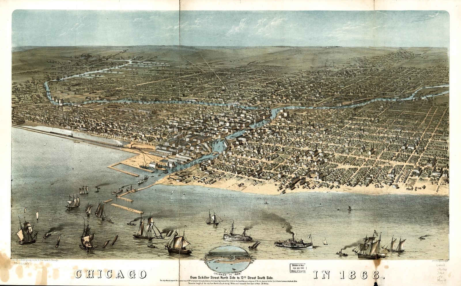 Restored 1868 bird's-eye lithograph of Chicago