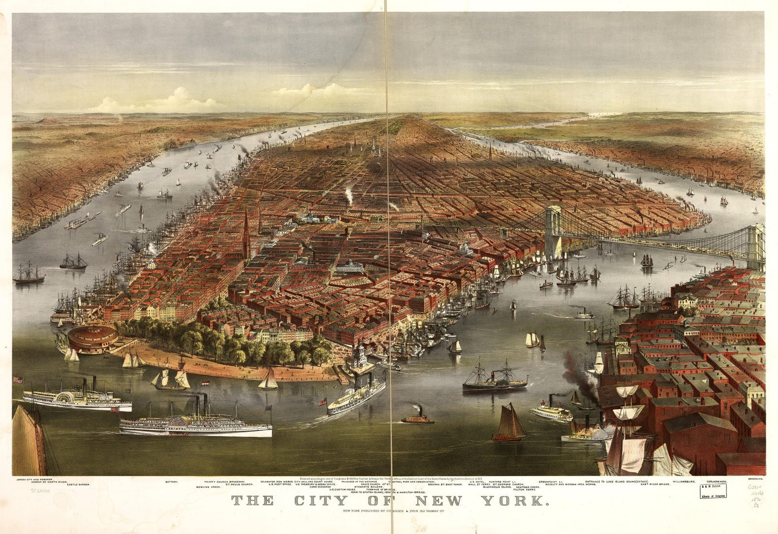 Restored 1870 bird's-eye view of New York City