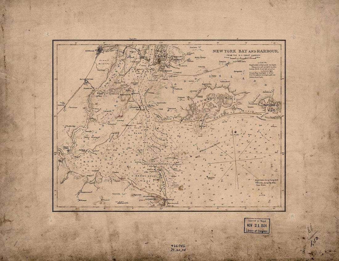 Restored 1836 U.S. Coast Survey chart of New York Harbor