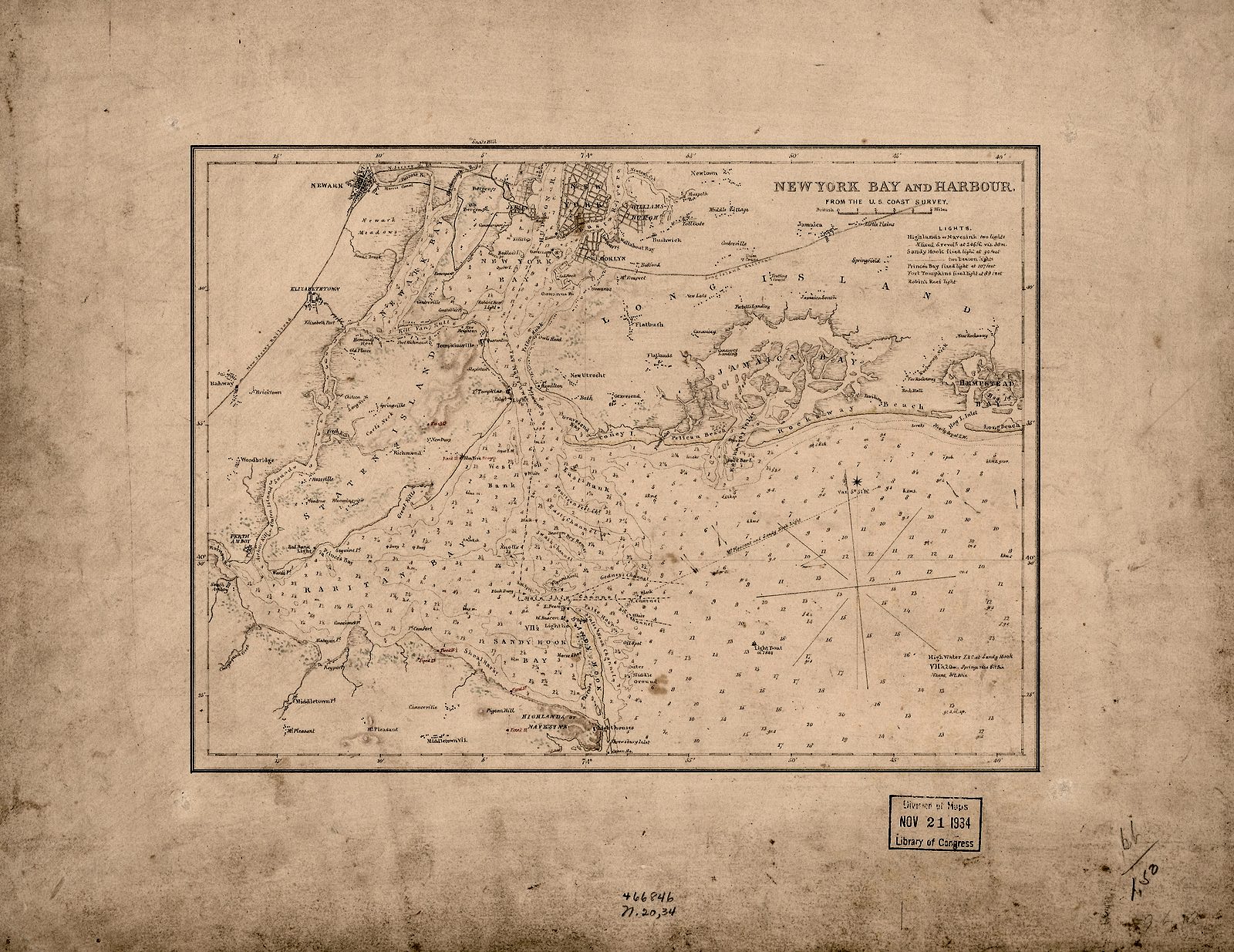 Restored 1836 U.S. Coast Survey chart of New York Harbor