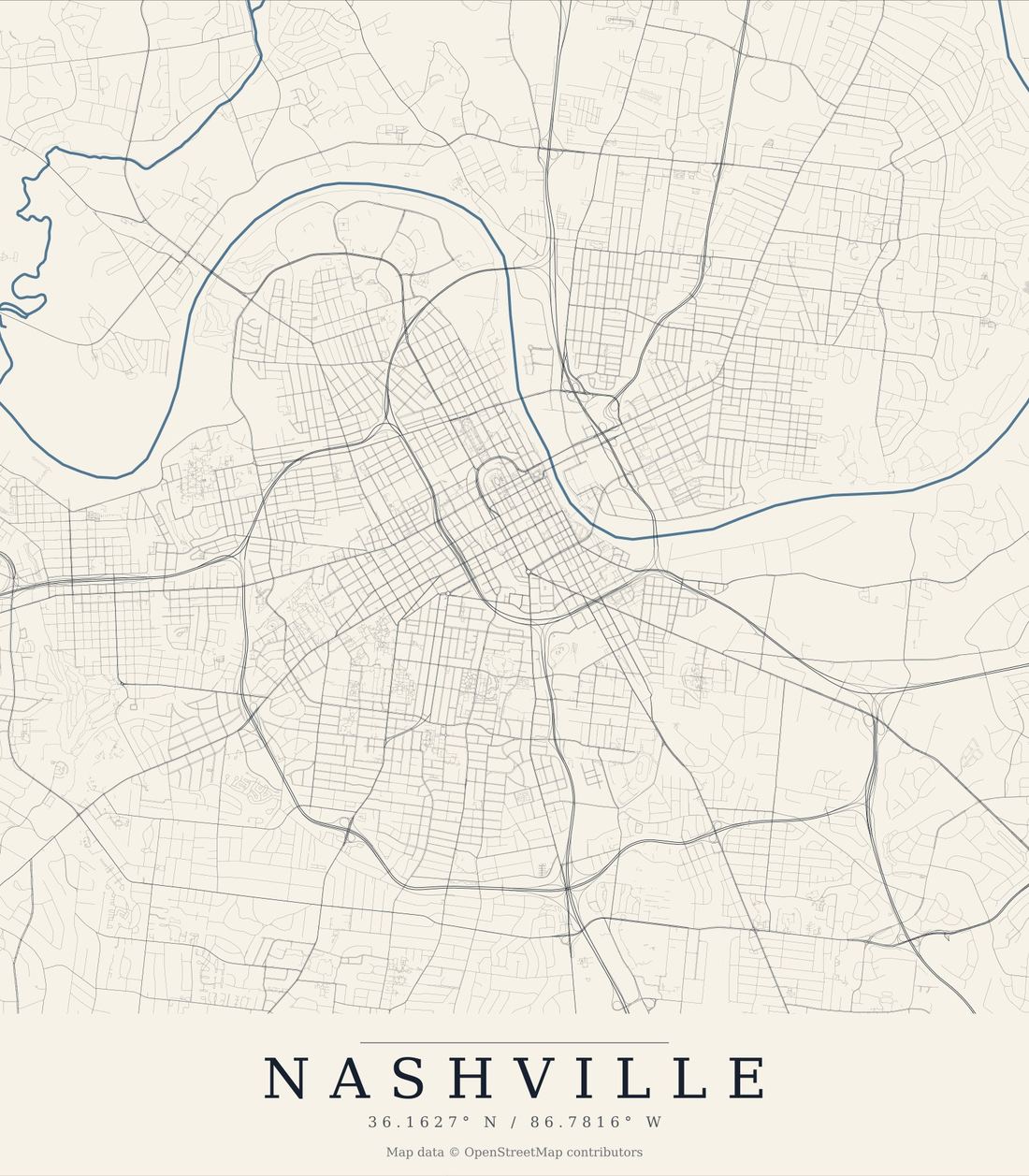 Minimal street map print of Nashville drawn from OpenStreetMap data