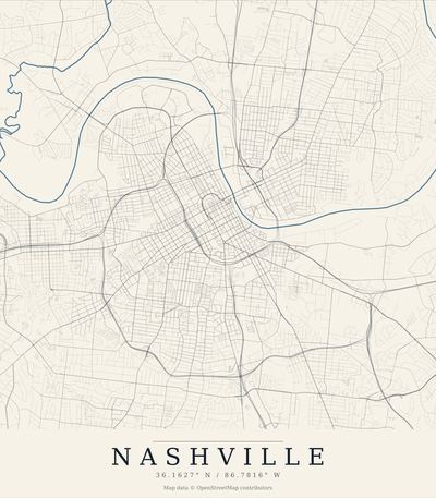 Minimal street map print of Nashville drawn from OpenStreetMap data