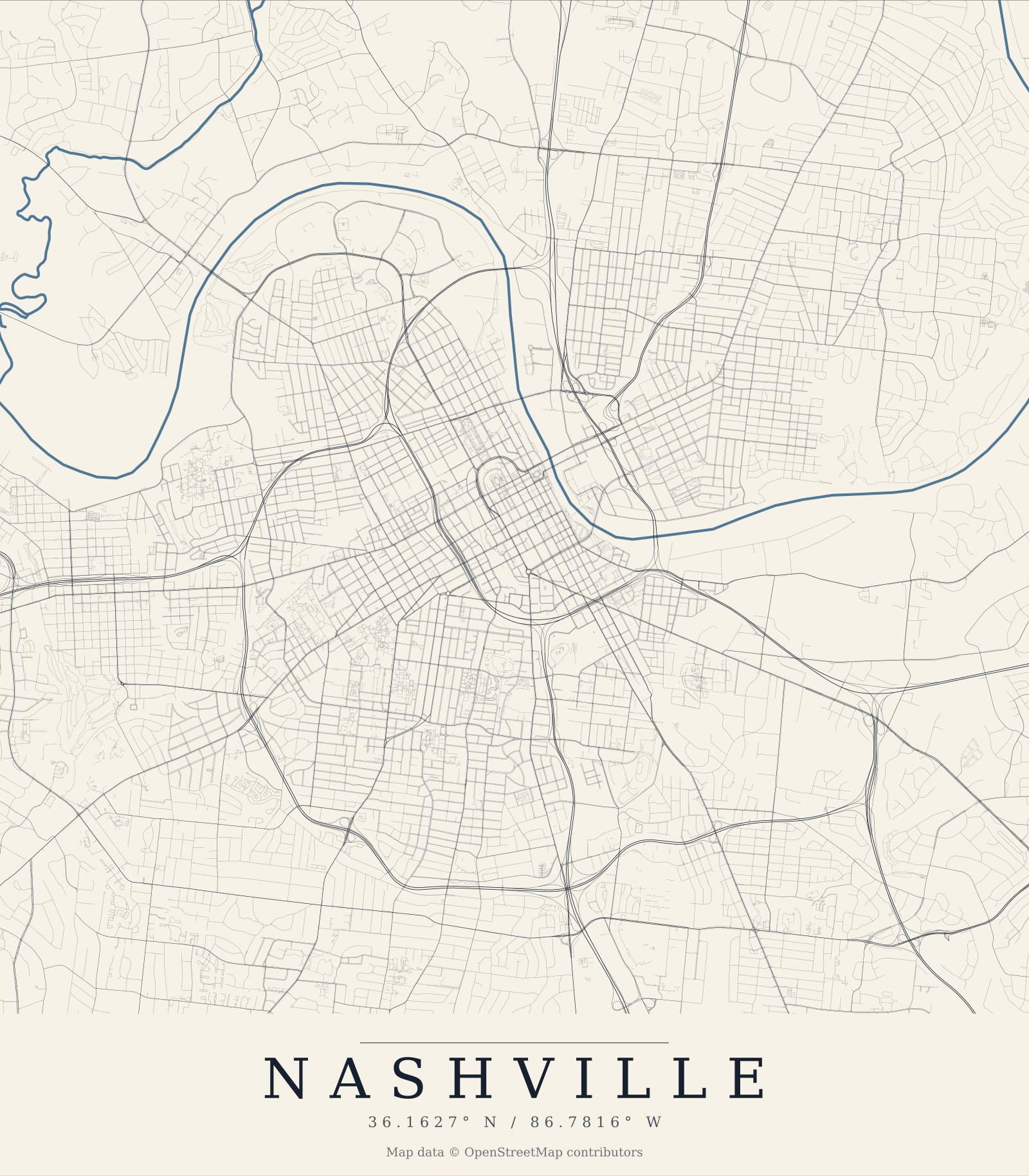 Minimal street map print of Nashville drawn from OpenStreetMap data