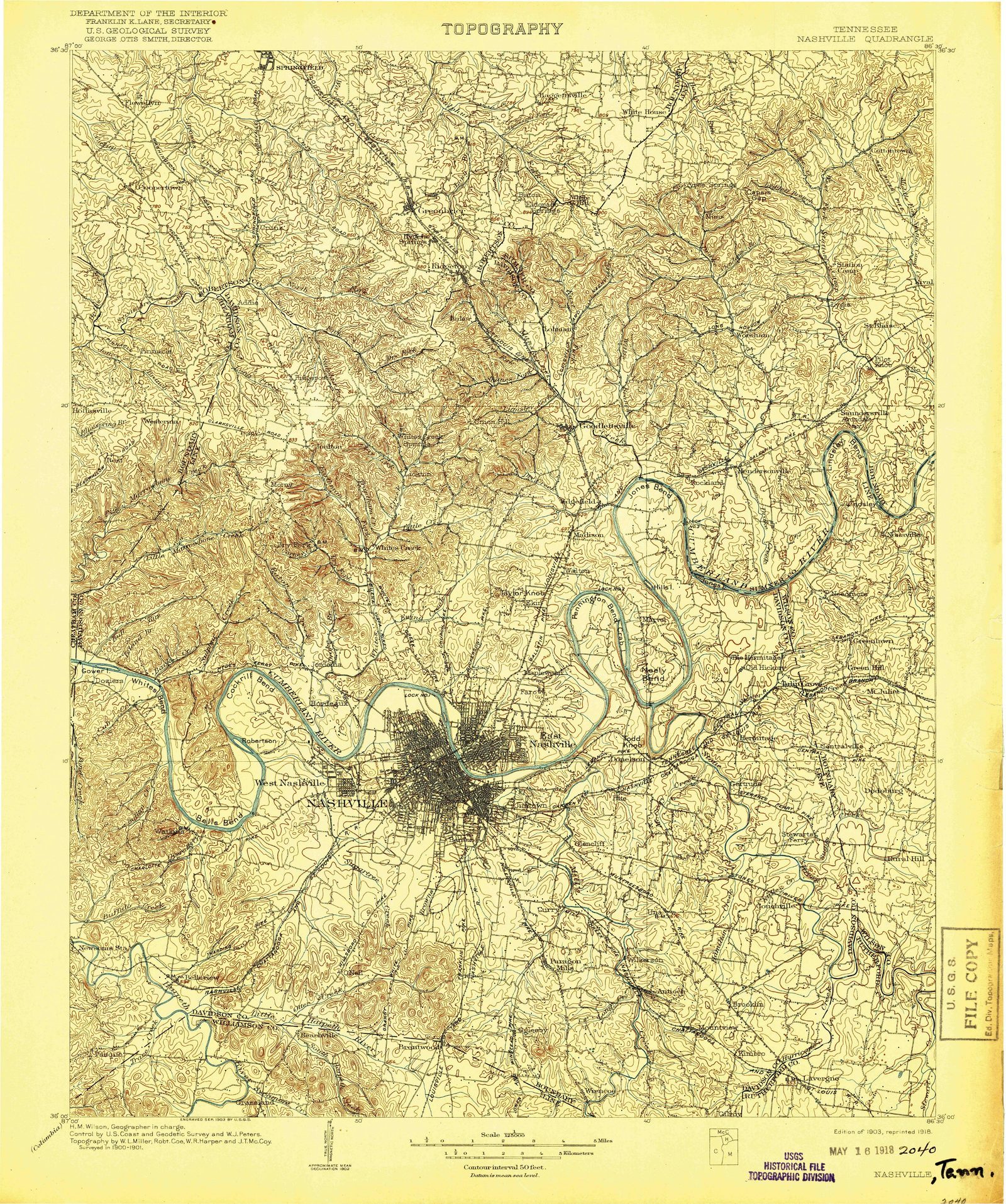 Restored 1903 USGS topographic quadrangle of Nashville, Tennessee